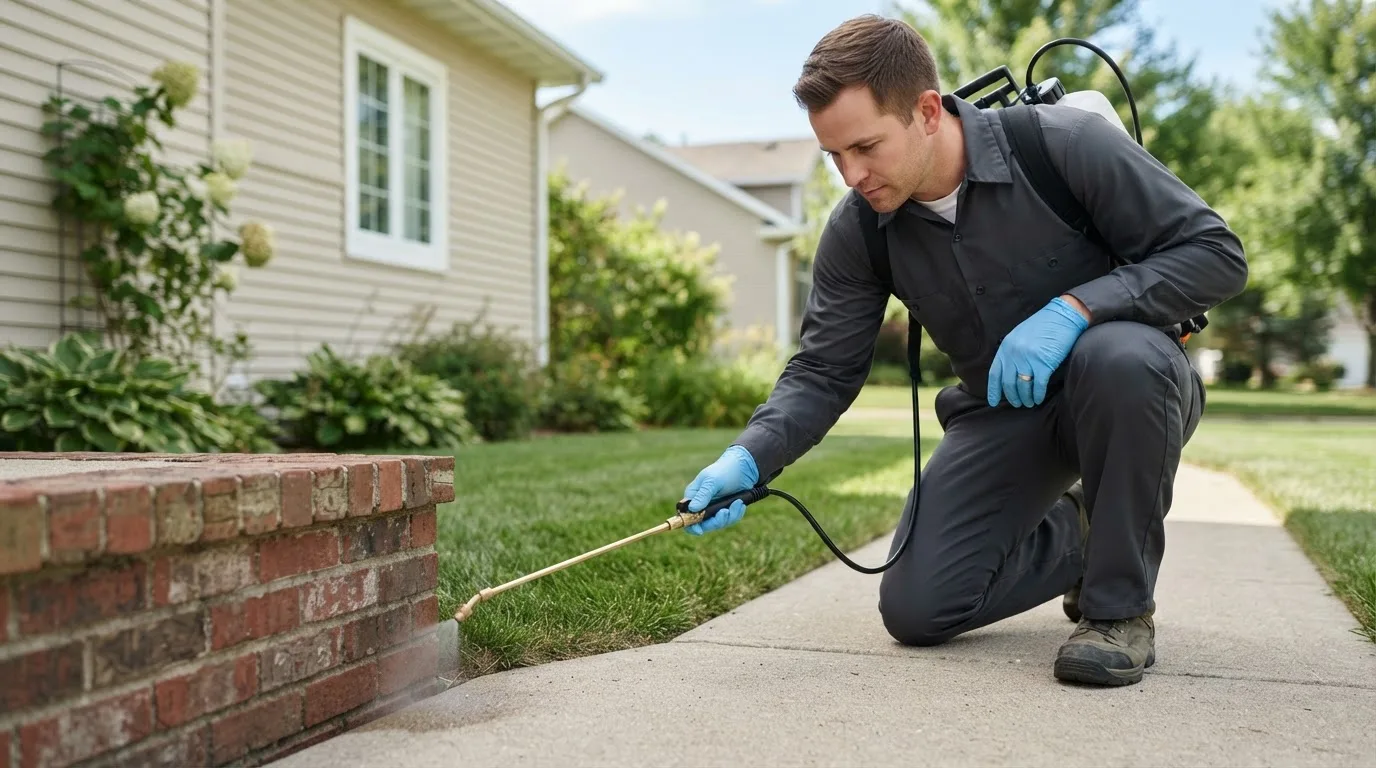 Pest control technician treating a home near Rochester, WA